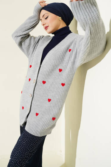 Kalp Nakışlı Triko Hırka Gri - Hırka