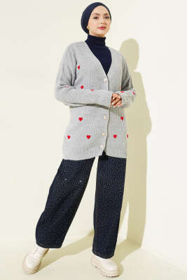 Kalp Nakışlı Triko Hırka Gri - Hırka