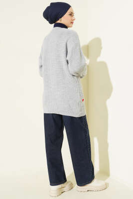 Kalp Nakışlı Triko Hırka Gri - Hırka