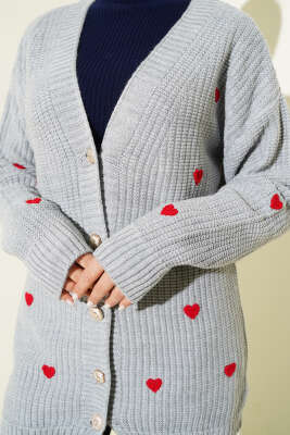 Kalp Nakışlı Triko Hırka Gri - Hırka