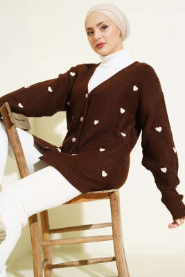 Kalp Nakışlı Triko Hırka Kahve - NOVALÜX