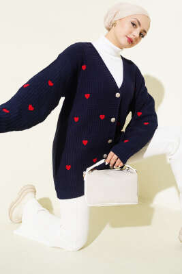 Kalp Nakışlı Triko Hırka Lacivert - NOVALÜX