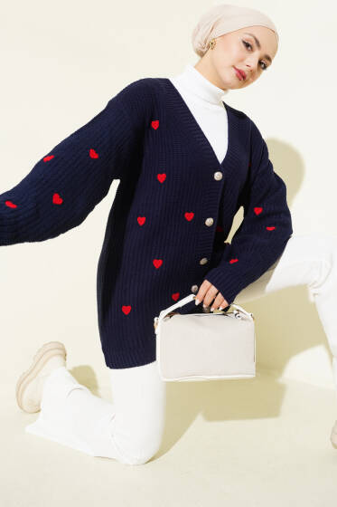 Kalp Nakışlı Triko Hırka Lacivert - Hırka