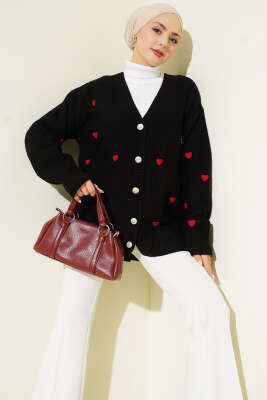 Kalp Nakışlı Triko Hırka Siyah - NOVALÜX