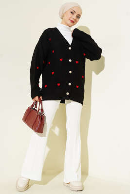 Kalp Nakışlı Triko Hırka Siyah - Hırka