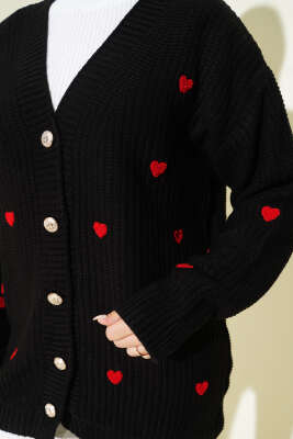 Kalp Nakışlı Triko Hırka Siyah - Hırka