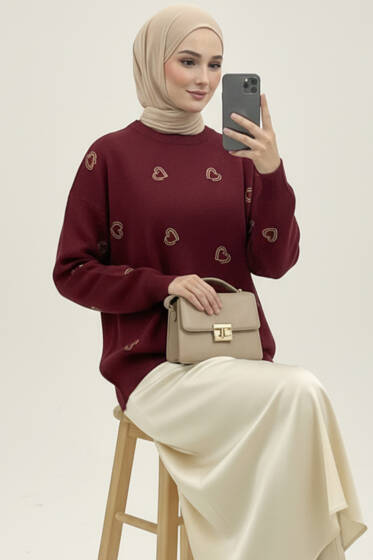 Kalp Nakışlı Triko Kazak Bordo - Triko Kazak