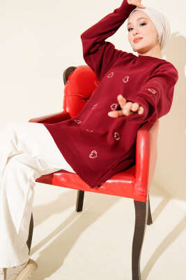 Kalp Nakışlı Triko Kazak Bordo - NOVALÜX