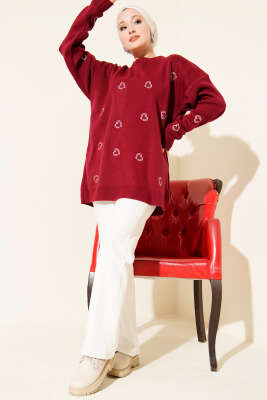 Kalp Nakışlı Triko Kazak Bordo - Triko Kazak