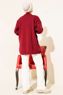 Kalp Nakışlı Triko Kazak Bordo - Triko Kazak