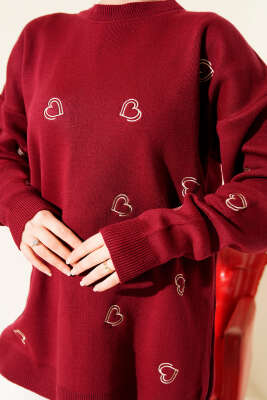 Kalp Nakışlı Triko Kazak Bordo - Triko Kazak