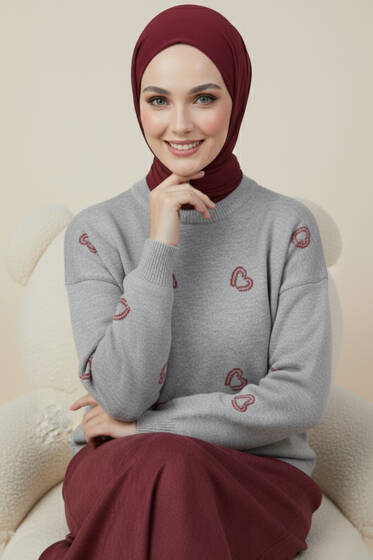 Kalp Nakışlı Triko Kazak Gri - Triko Kazak