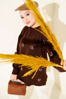 Kalp Nakışlı Triko Kazak Kahve - NOVALÜX