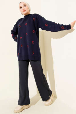 Kalp Nakışlı Triko Kazak Lacivert - Yılın Fırsatı