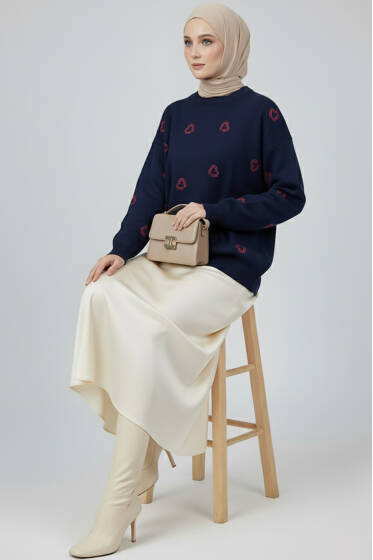 Kalp Nakışlı Triko Kazak lacivert - Triko Kazak