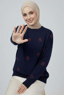 Kalp Nakışlı Triko Kazak lacivert - Yılın Fırsatı
