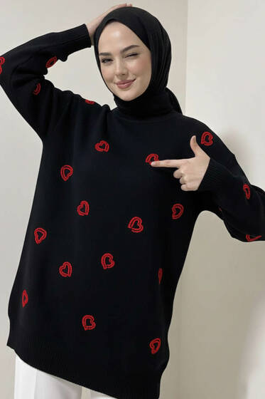 Kalp Nakışlı Triko Kazak Siyah - Triko Kazak