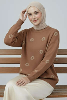 Kalp Nakışlı Triko Kazak Vizon - Yılın Fırsatı