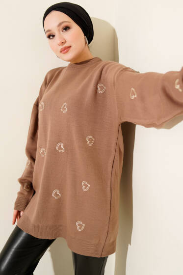 Kalp Nakışlı Triko Kazak Vizon - Yılın Fırsatı