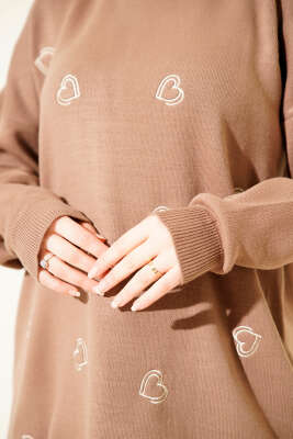 Kalp Nakışlı Triko Kazak Vizon - Yılın Fırsatı