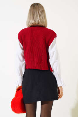 Kalp Nakışlı Triko Kısa Süveter Kırmızı - Kadın Giyim Modelleri