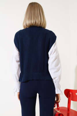 Kalp Nakışlı Triko Kısa Süveter Lacivert - Kadın Giyim Modelleri