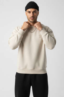 Kalp Nakışlı Üç İplik Erkek Sweatshirt Bej 