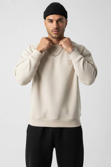 Kalp Nakışlı Üç İplik Erkek Sweatshirt Bej - Erkek Sweatshirt