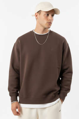 Kalp Nakışlı Üç İplik Erkek Sweatshirt Kahve 
