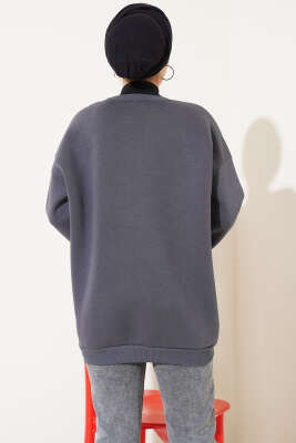 Kalp Nakışlı Üç İplik Sweatshirt Füme - Tunik