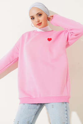 Kalp Nakışlı Üç İplik Sweatshirt Pembe 