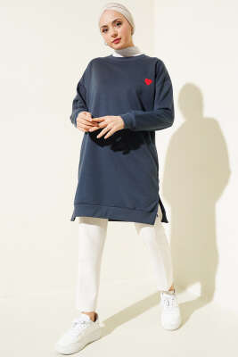 Kalp Nakışlı Uzun Tunik Füme - Triko Tunik