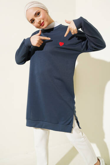 Kalp Nakışlı Uzun Tunik Füme - Tunik