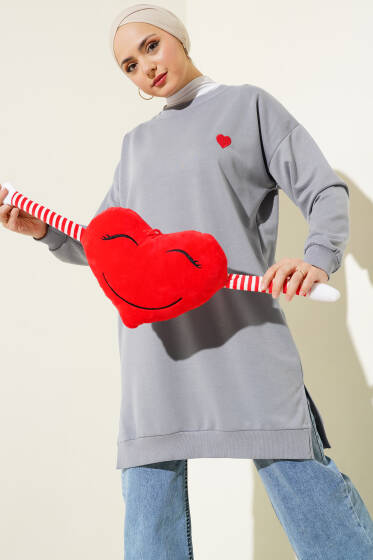 Kalp Nakışlı Uzun Tunik Gri - Tunik