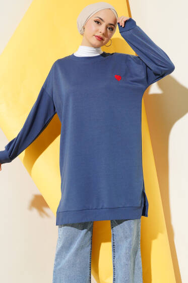 Kalp Nakışlı Uzun Tunik İndigo - Tunik