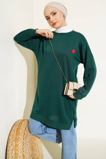 Kalp Nakışlı Uzun Tunik Zümrüt - Tunik