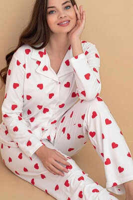 Kalp Süsleme Düğmeli Süet Pijama Takımı Beyaz - Pijama