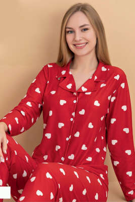 Kalp Süsleme Düğmeli Süet Pijama Takımı Kırmızı - MANOLYA