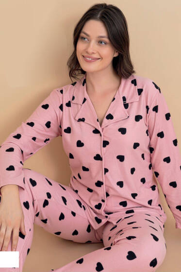 Kalp Süsleme Düğmeli Süet Pijama Takımı Pudra - Pijama