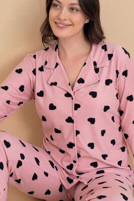 Kalp Süsleme Düğmeli Süet Pijama Takımı Pudra - Pijama
