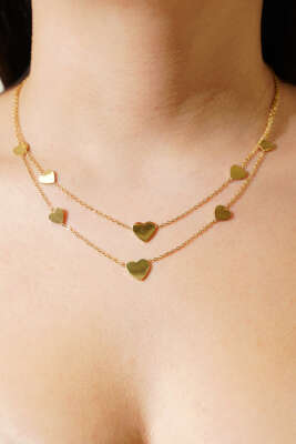 Kalp Süslemeli Çoklu Kolye Gold - DEMİR BİJUTERİ