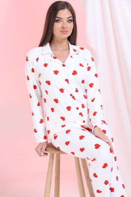 Kalp Süslemeli Düğmeli Süet Pijama Takımı Beyaz - Pijama
