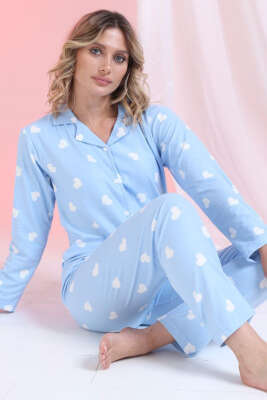 Kalp Süslemeli Düğmeli Süet Pijama Takımı Mavi 