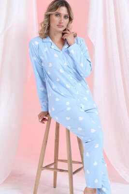 Kalp Süslemeli Düğmeli Süet Pijama Takımı Mavi - Pijama