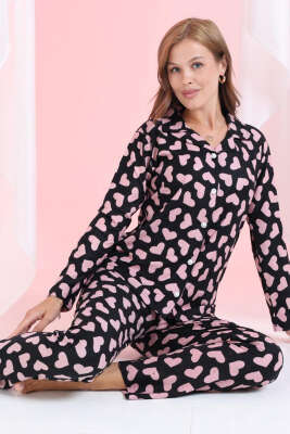 Kalp Süslemeli Düğmeli Süet Pijama Takımı Siyah 