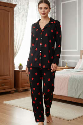 Kalp Süslemeli Düğmeli Süet Pijama Takımı Siyah Kırmızı - HEPYEK BASIC