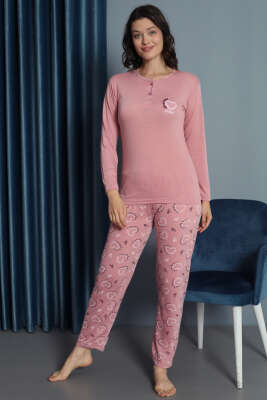 Kalp Süslemeli Uzun Kol Pijama Takımı Gül Kurusu - Pijama