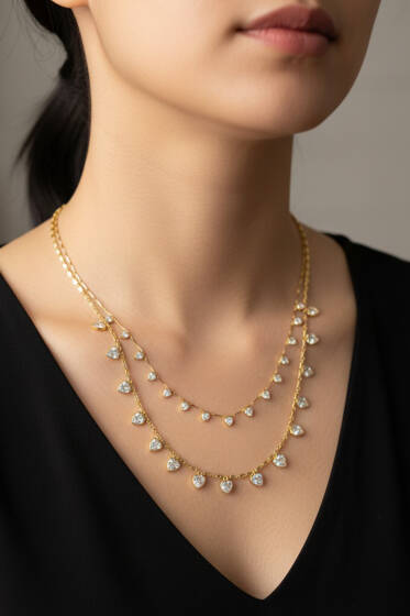 Kalp Taş Süslemeli Çoklu Kolye Gold - Kolye