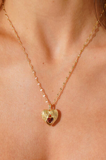 Kalp Taşlı Açılabilir Kolye Gold - Kolye