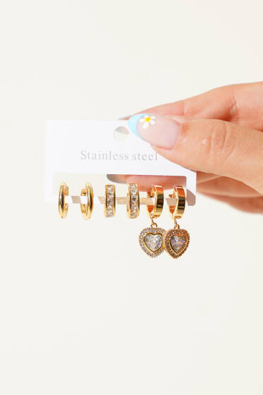 Kalp Taşlı Küpe Seti Gold - Küpe